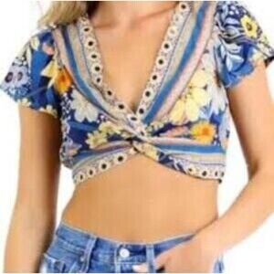 Angie Floral Knot Crop Top Sz 3X Flutter Sleeve Smocked Blue Yellow Boho Hippie